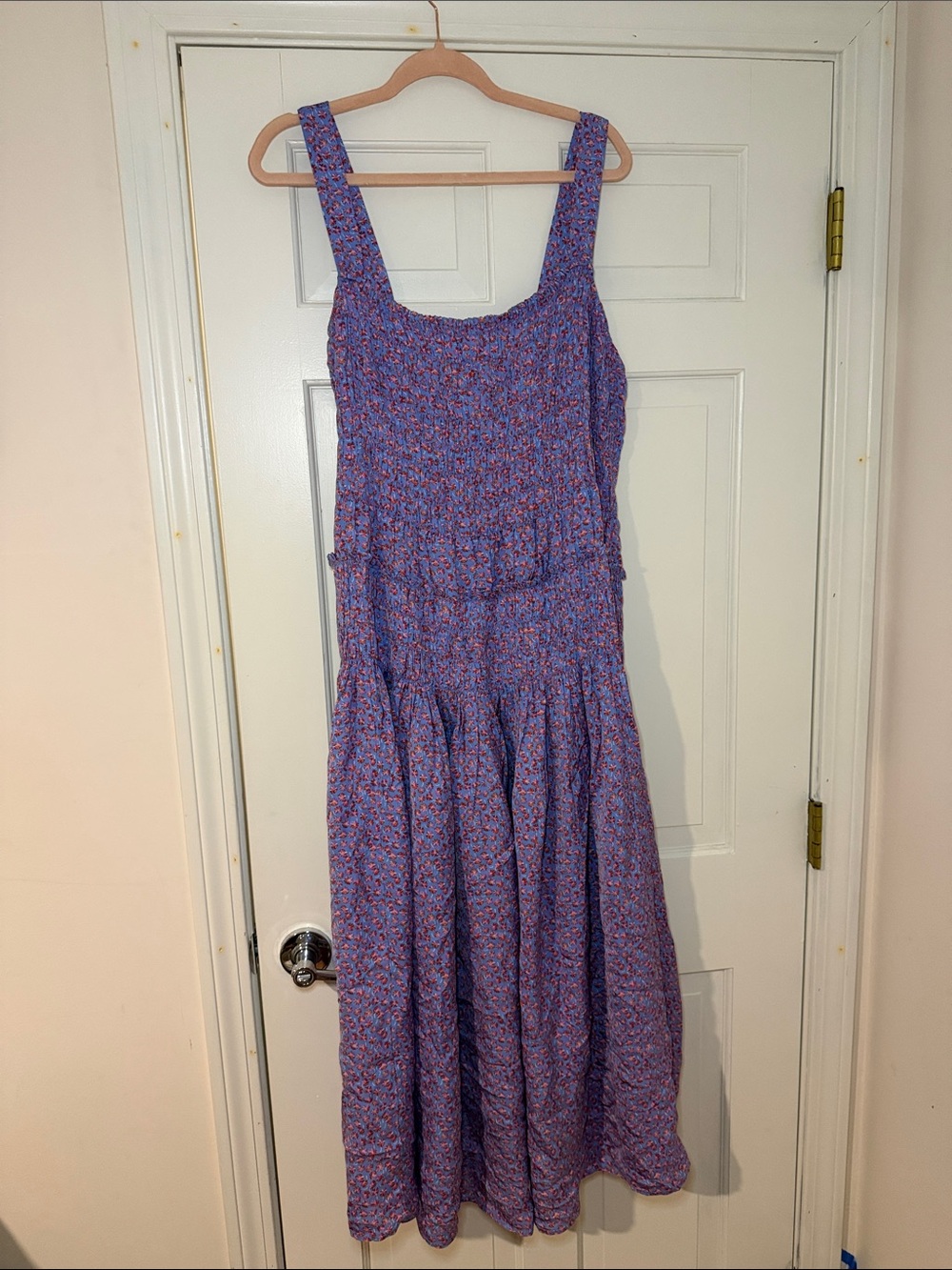 J. Crew Purple Smocked Midi Dress with Wide Straps in Summer Fields Print
